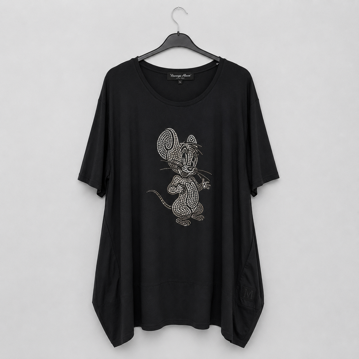 Schwarzes Longshirt mit Glitzer-Maus - Damen Oversize | Gr. 56-62