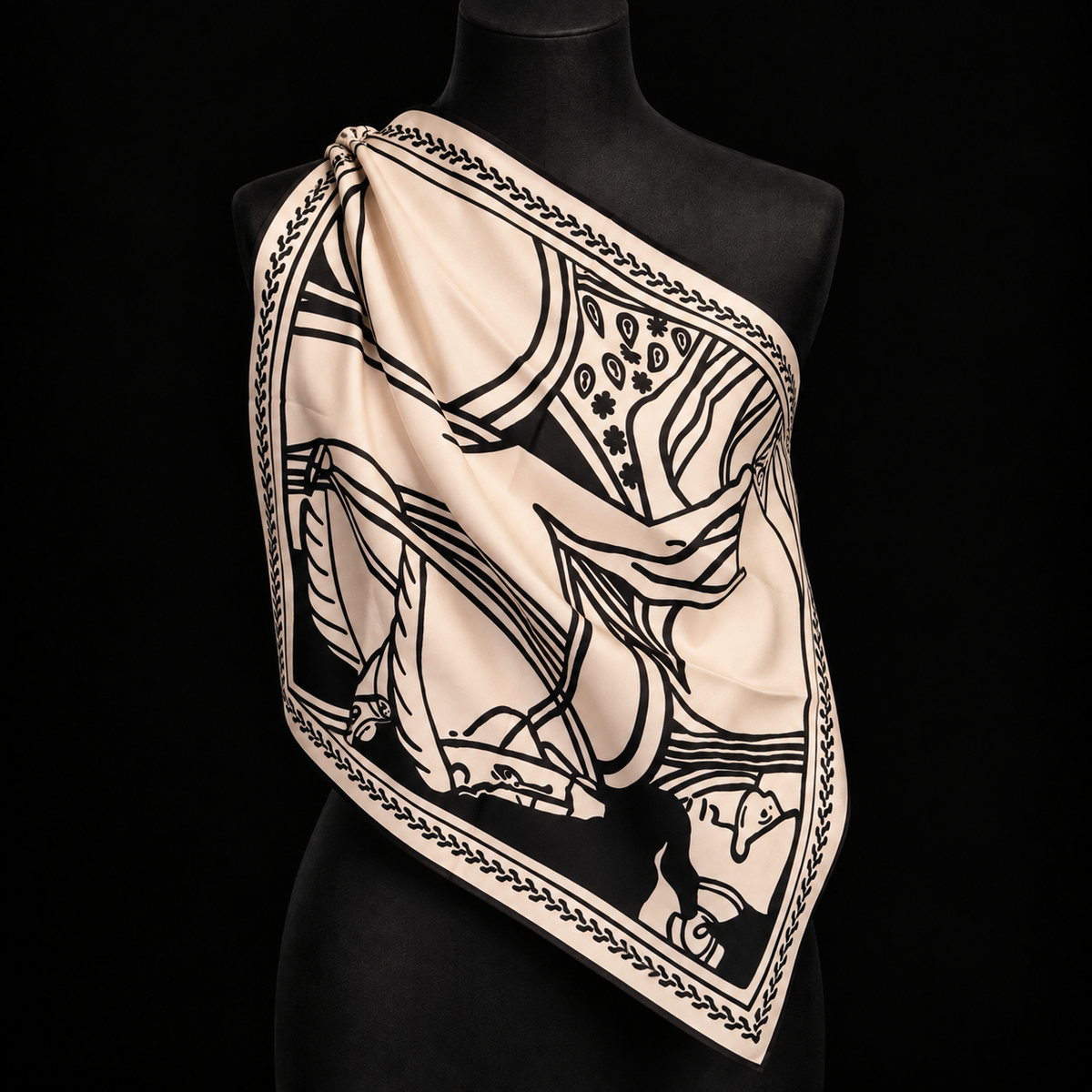 Viskose-Halstuch in Creme mit schwarzem Reiter-Motiv 55 x 55 cm