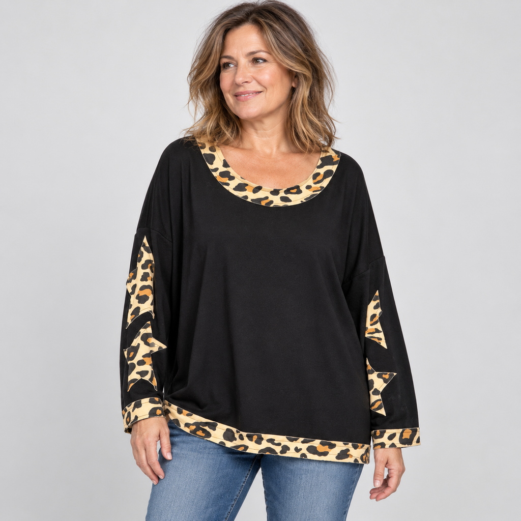 Oversize-Shirt mit Leo-Sternen | Gr. 44-48 | Schwarz und Rosa