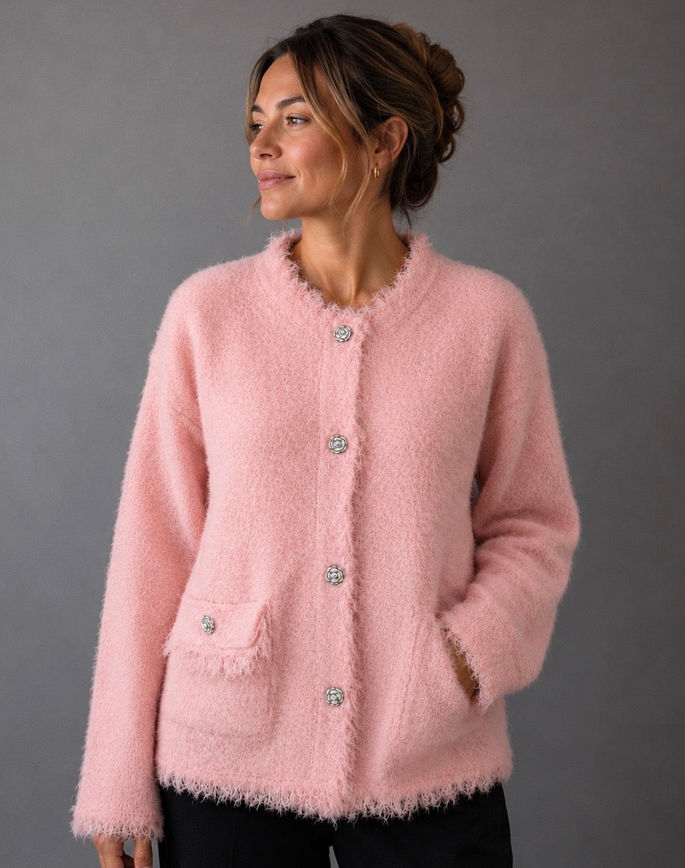 Bouclé-Jacke mit Fransen aus Baumwollmischung in Pink Gr. L