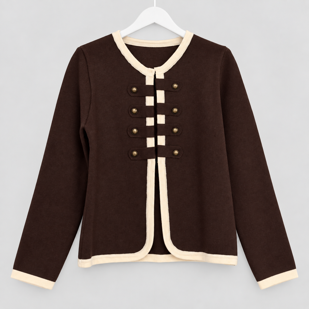 Elegante Strickjacke mit Kontrastdetails und Hakenverschluss | Gr. 38