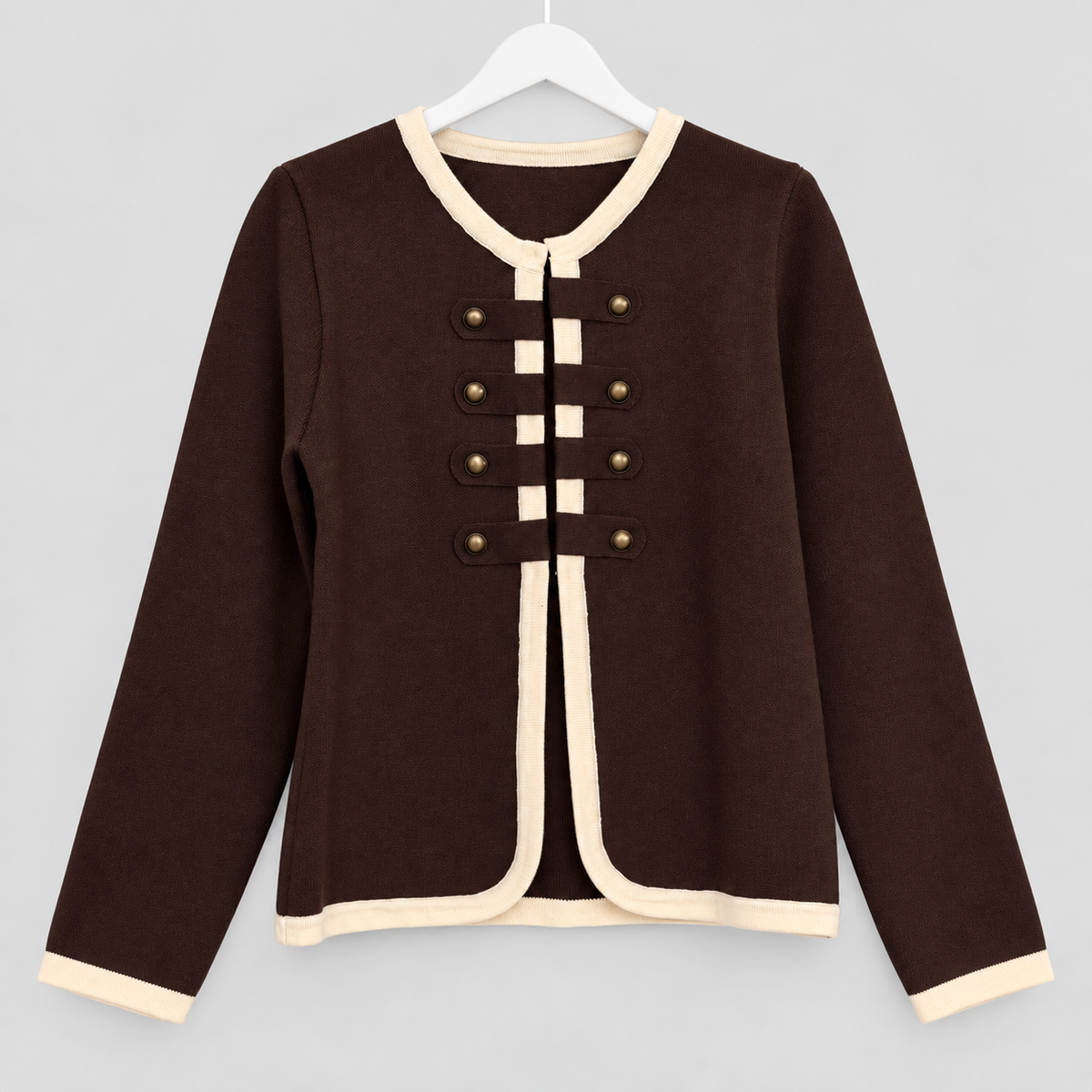 Elegante Strickjacke mit Kontrastdetails und Hakenverschluss | Gr. 38