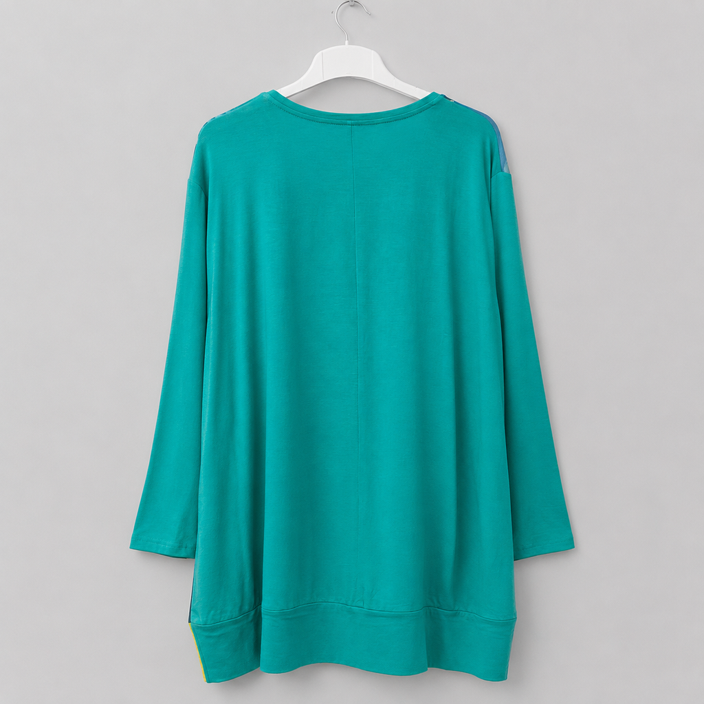 Damen-Shirt in Lagunengrün mit modernem Print und Glitzerdetails