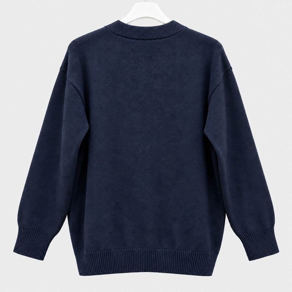 Dunkelblaue Strickjacke mit hellblauer 3D‑Schleife Gr. 38-40