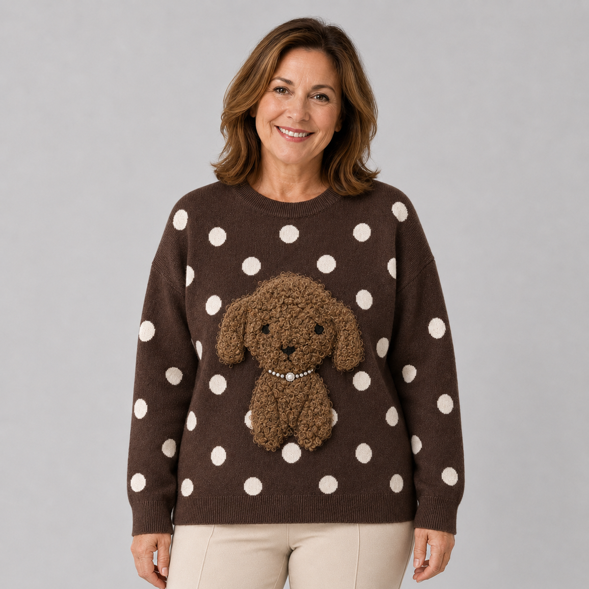 Pudelpullover mit 3D-Applikation und Perlendetails-Mokkabraun-Gr. 38-42