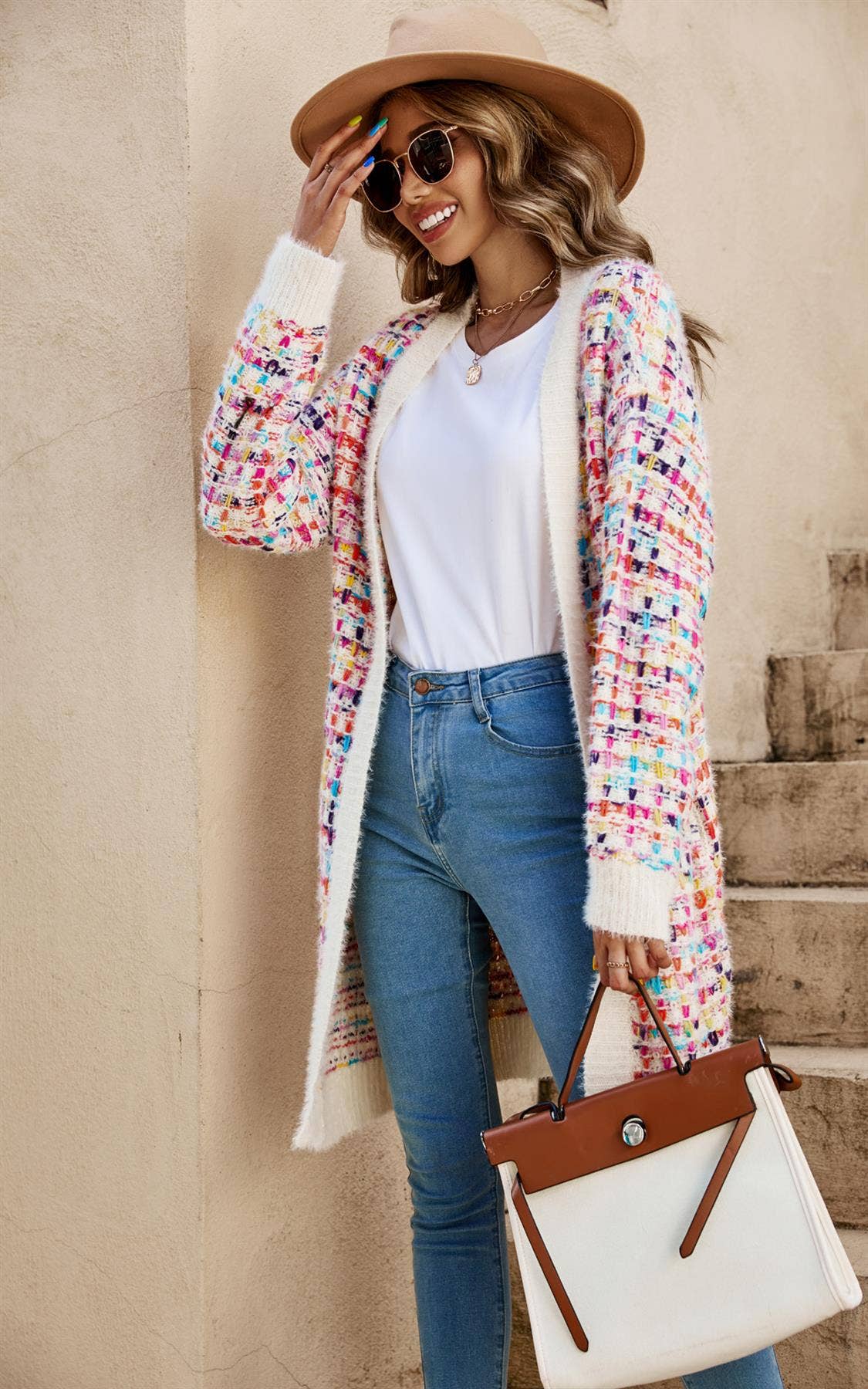 Cremefarbener Boucle-Karo-Cardigan Aus Regenbogen-Sprenkeln  ||  Gr. 38-40