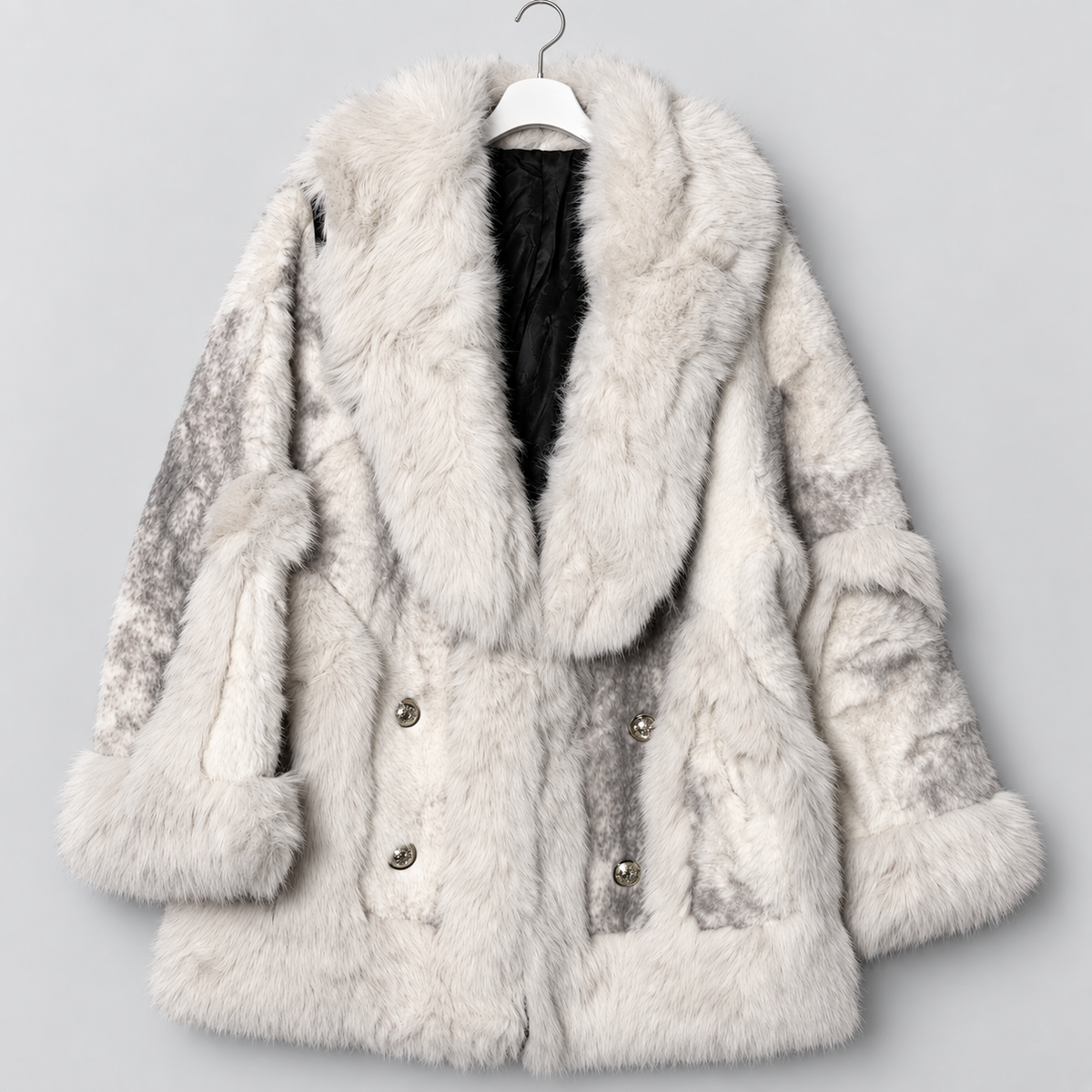 Kunstfelljacke in Creme-Grau mit XXL-Kragen | Gr. 42-44