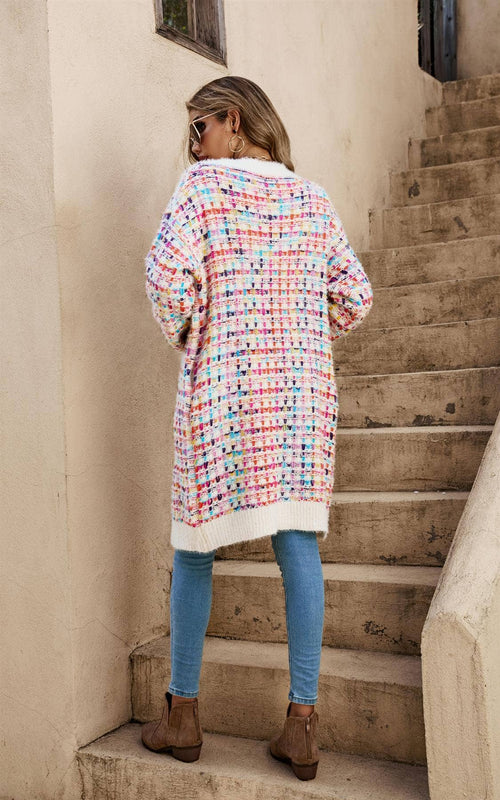 Cremefarbener Boucle-Karo-Cardigan Aus Regenbogen-Sprenkeln  ||  Gr. 38-40