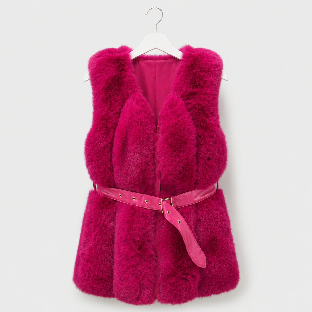 Gefütterte Kunstfellweste mit Taillengürtel - Fuchsia - Gr. M