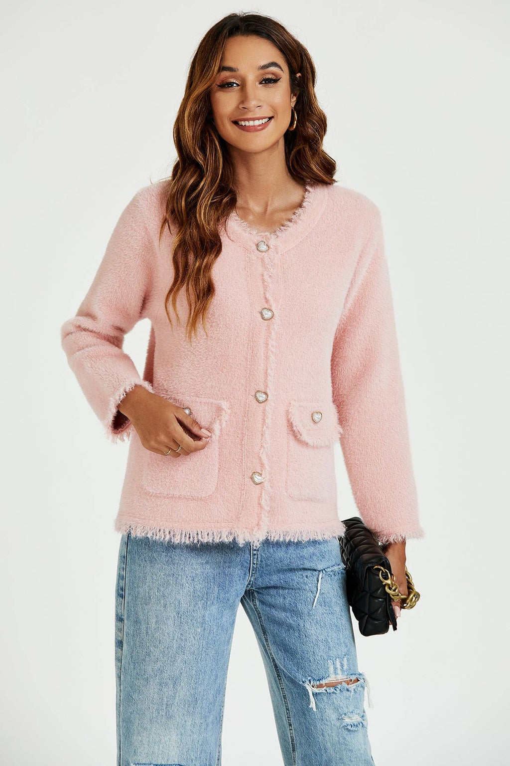 Bouclé-Jacke mit Fransen aus Baumwollmischung in Pink Gr. L