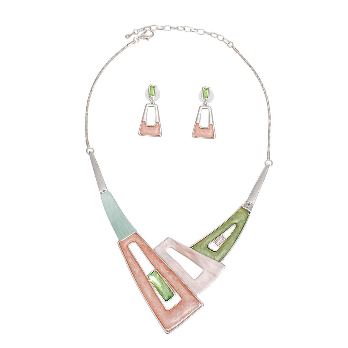 AKA Kragen Pink Grün Geometrisches Schlangenkettenset  |  Rhodium