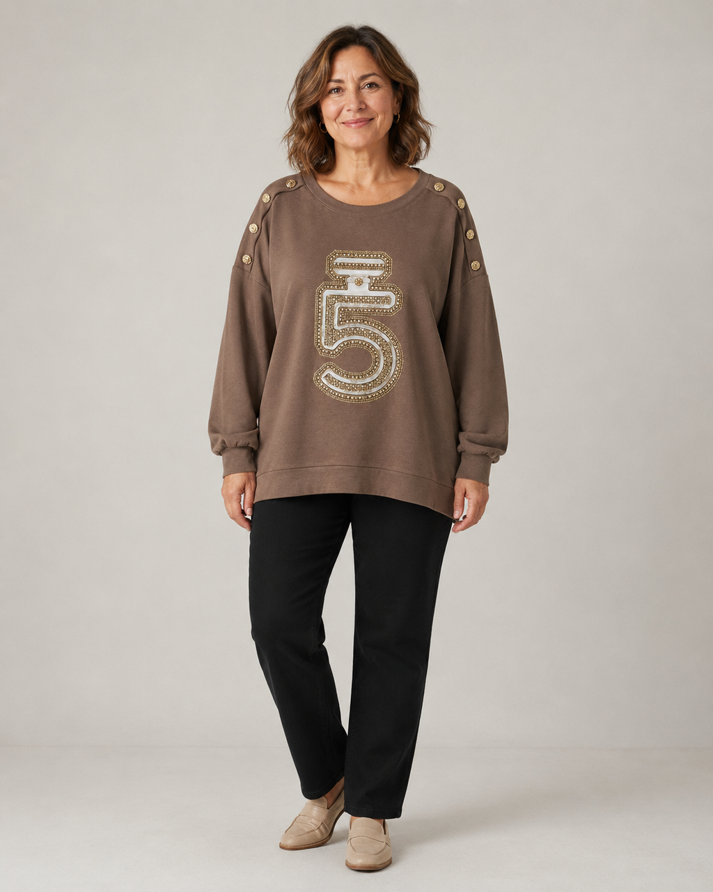 Damen-Sweatshirt mit Strass-Applikation und Schulterknöpfen | Gr. 40-46 | mehrere Farben