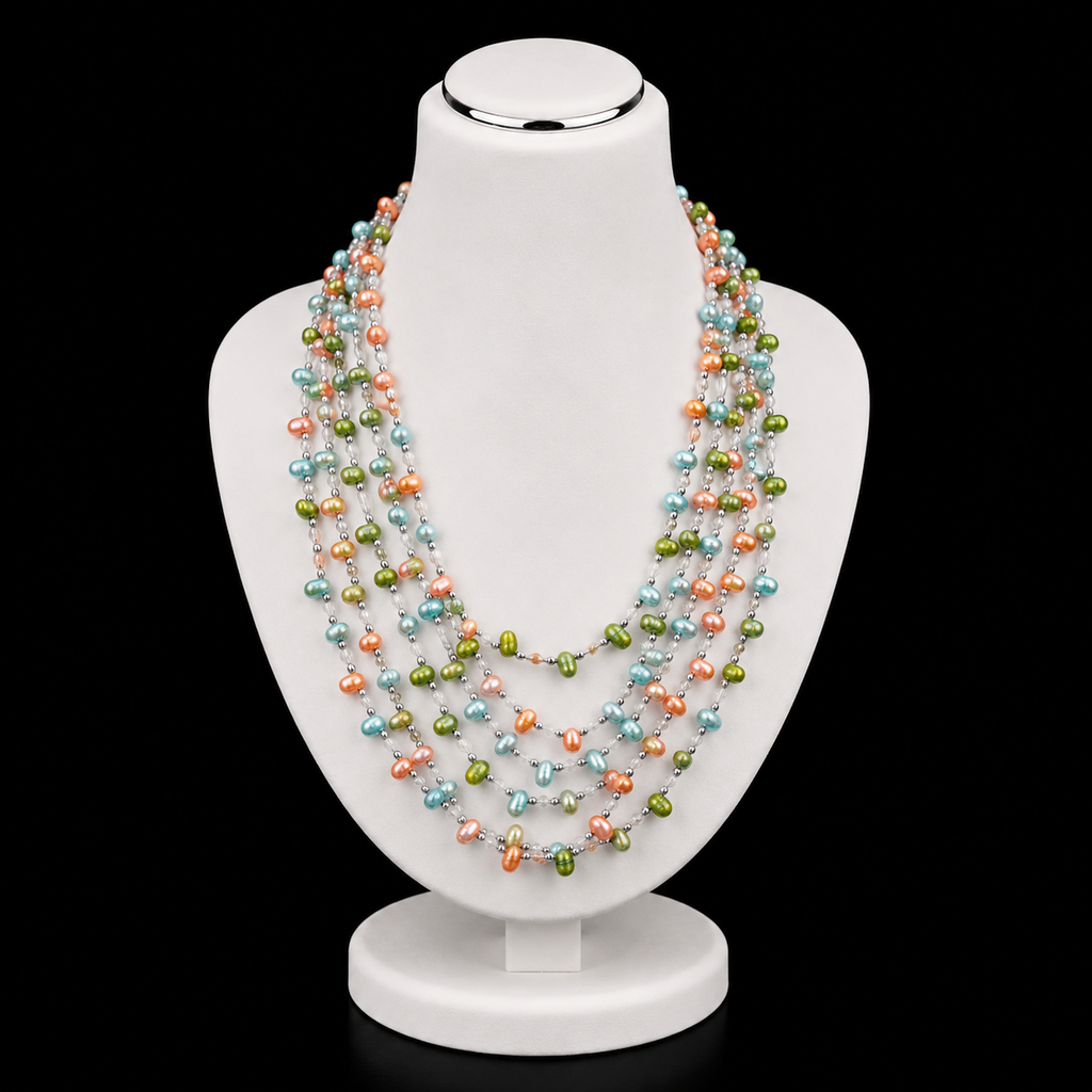 Mehrreihige Perlenkette in Hellblau, Grün & Orange - Elegante Statement-Halskette