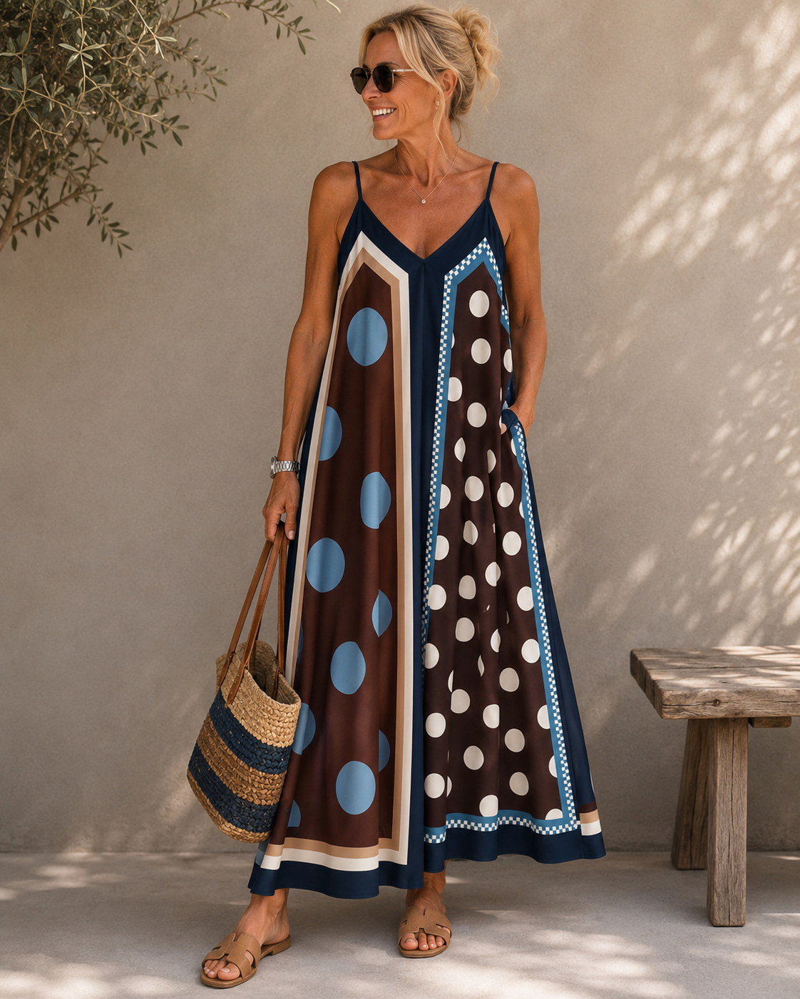 Maxikleid „Not & Chic" Blau/Creme mit Punkte-Design Gr. 38-44