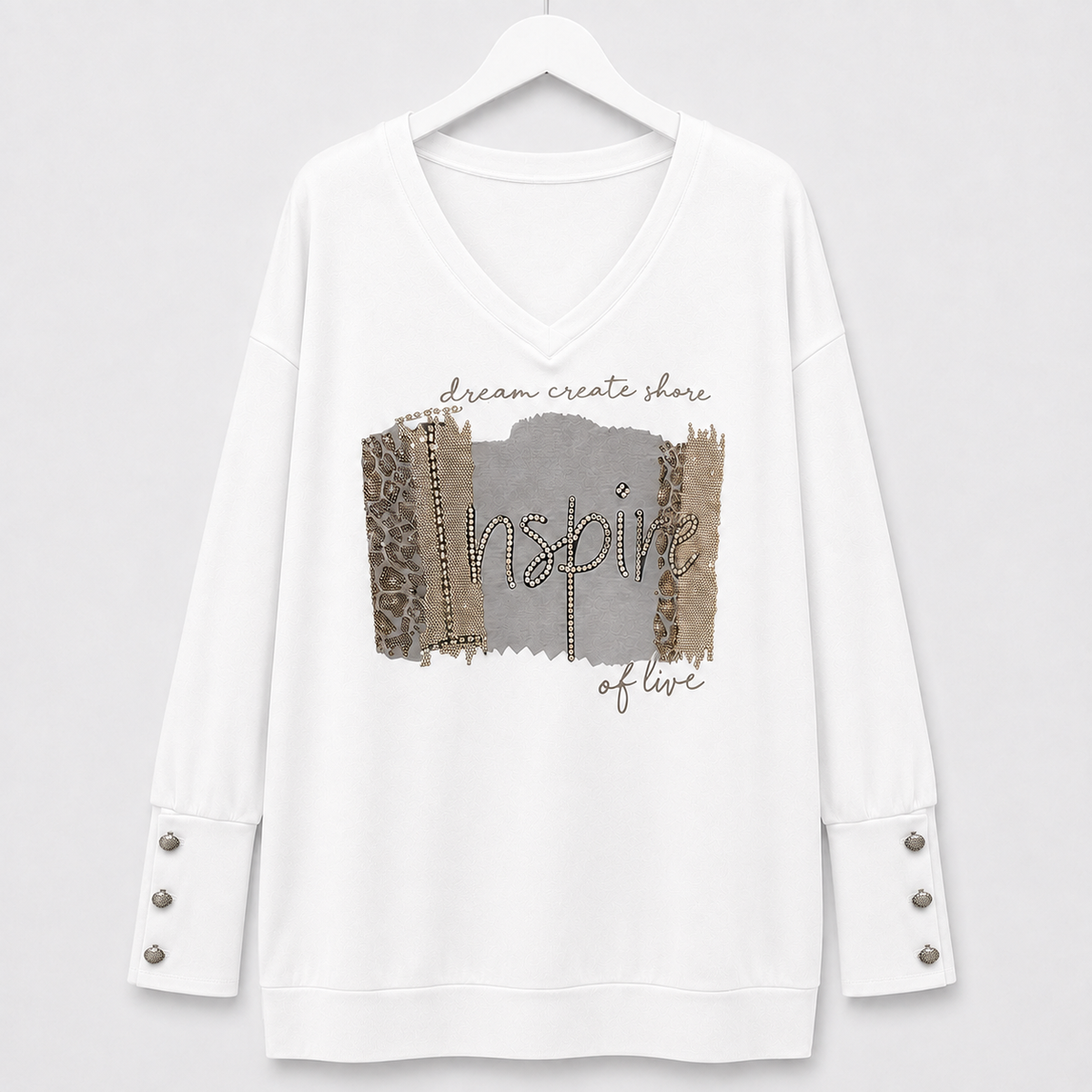 Curvy Longshirt | Weiß mit Strassprint und Schmuckmanschetten | Gr. 44-48