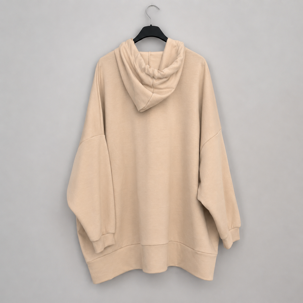 Oversize-Damenhoodie mit Metallic-Print | Curvy | Gr. 44-50 | Rückseite länger - Beige