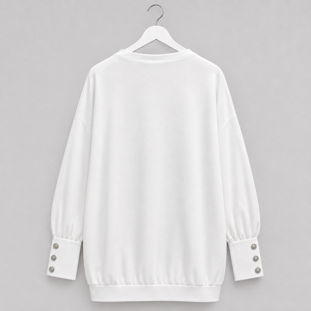 Curvy Longshirt | Weiß mit Strassprint und Schmuckmanschetten | Gr. 44-48