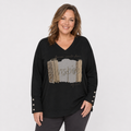 Curvy Longshirt | Schwarz mit mit Strassprint und Schmukmanschetten | Gr. 44-50