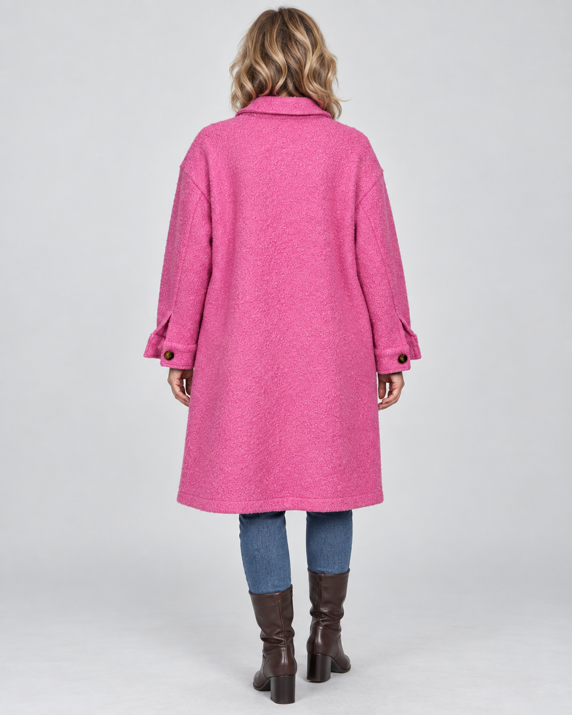 Statement-Mantel in Pink mit bunten Patches-Boucle`-Optik | Gr. 40-44
