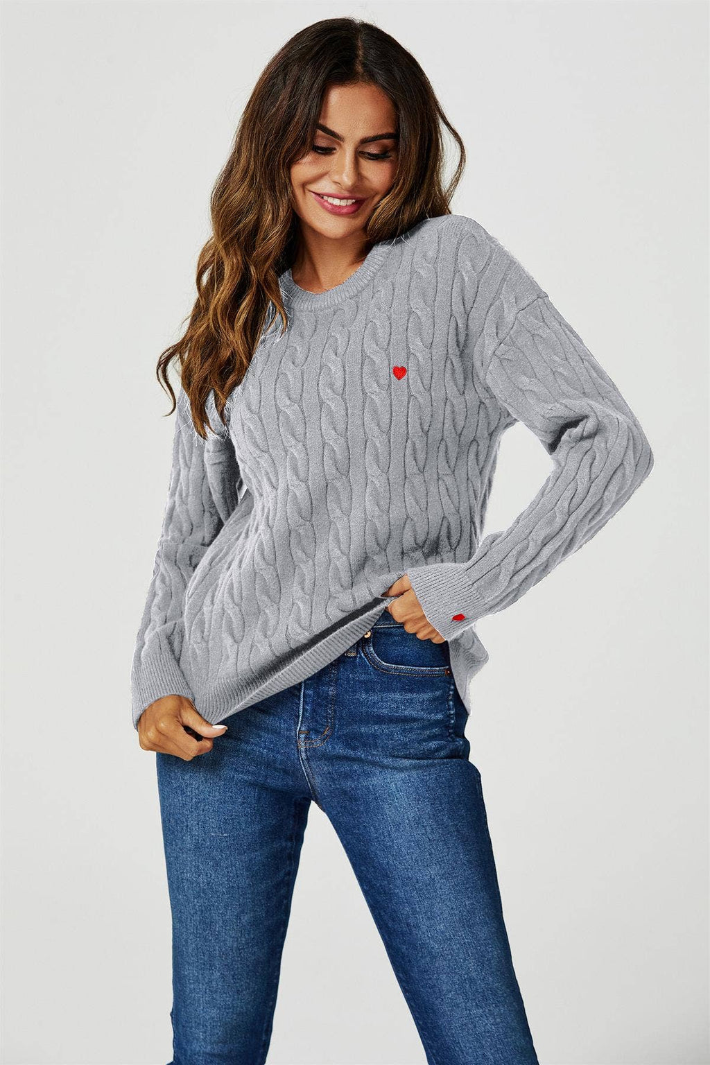 Pullover mit Herzstickerei in Grau Gr. 40-42