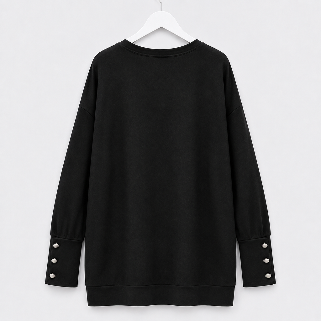 Curvy Longshirt | Schwarz mit mit Strassprint und Schmukmanschetten | Gr. 44-50