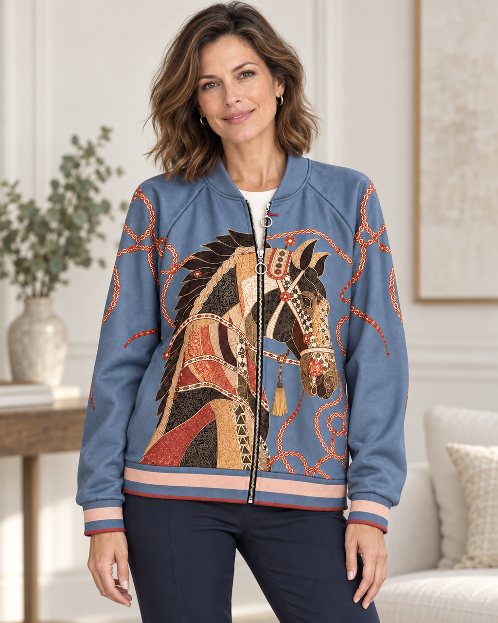 Blousonjacke mit kunstvollem Pferdemotiv | Gr. 40-44