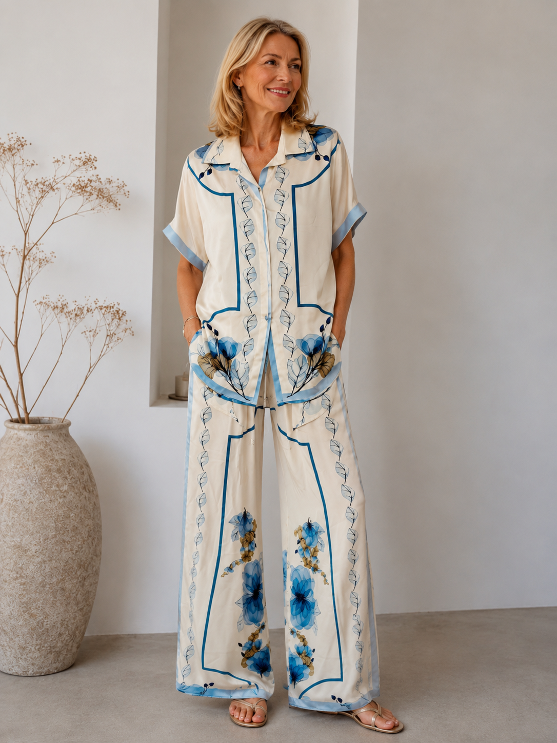 Ensemble mit floralem Print | Gr. 38-44 | Creme & Hellblau