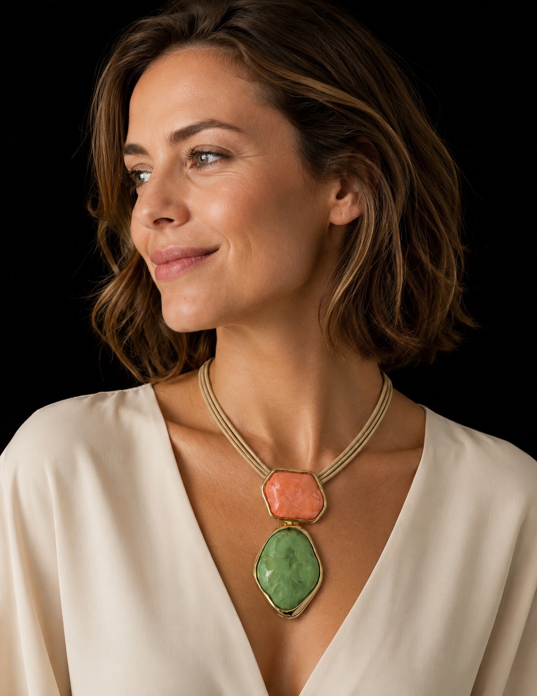 AKA Pink Green Dimensional Lederhalskette | Pink - Green / Plating: Gold