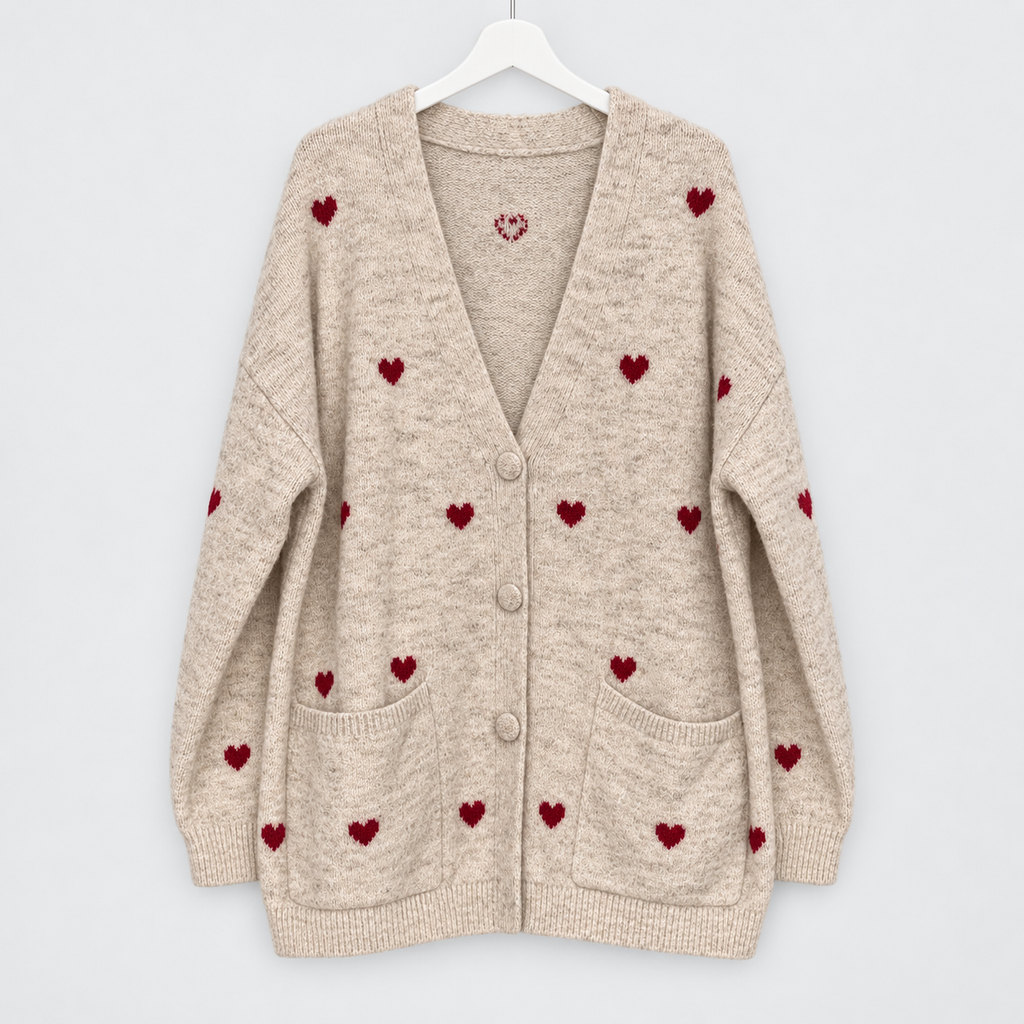 Zwillingsherz Longcardigan mit roten Herzen-Wollmix | Gr. 44-50