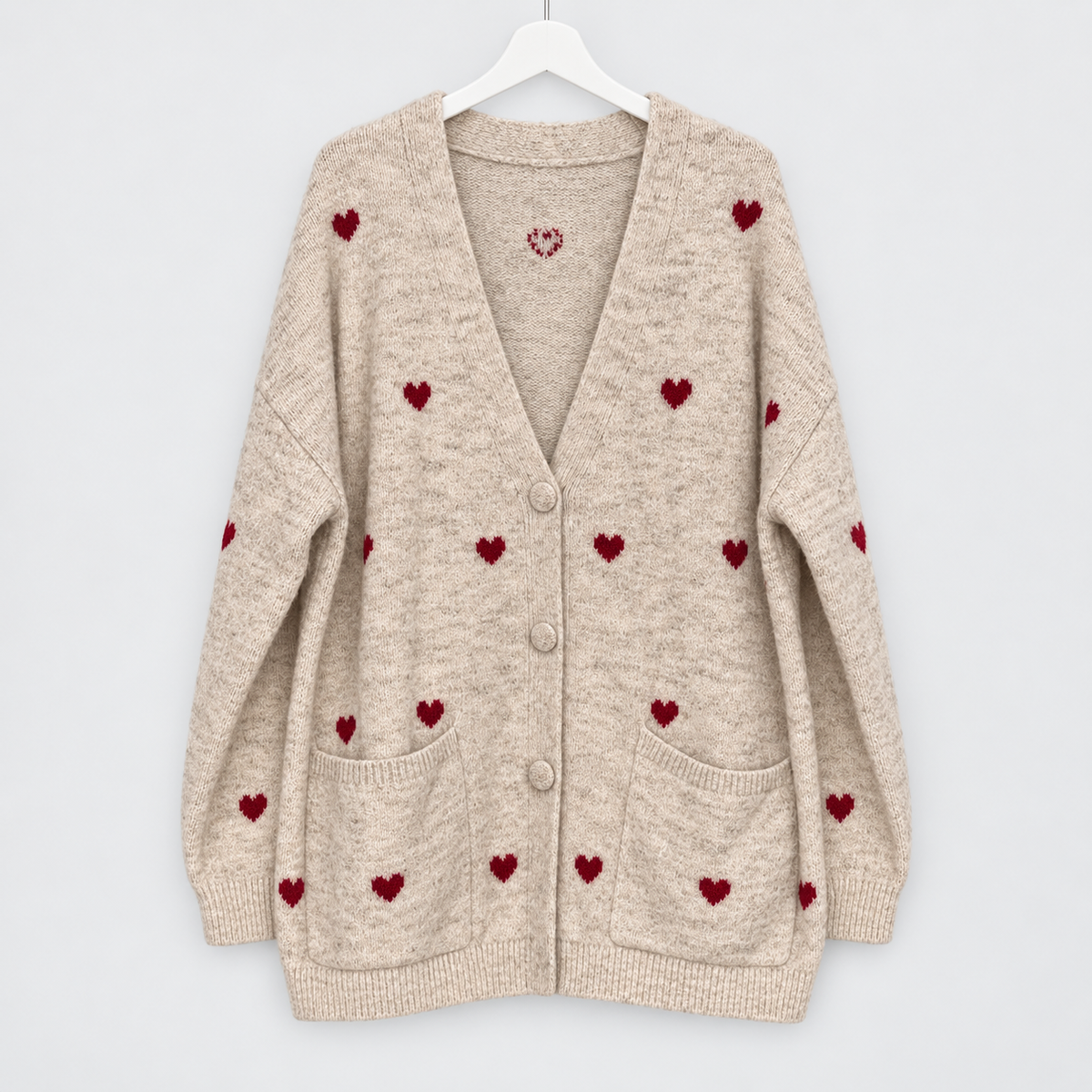 Zwillingsherz Longcardigan mit roten Herzen-Wollmix | Gr. 44-50