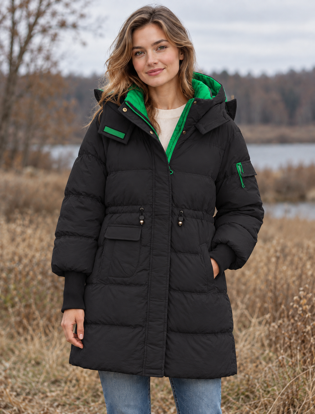 Schwarze leichte Steppjacke mit grünen Details