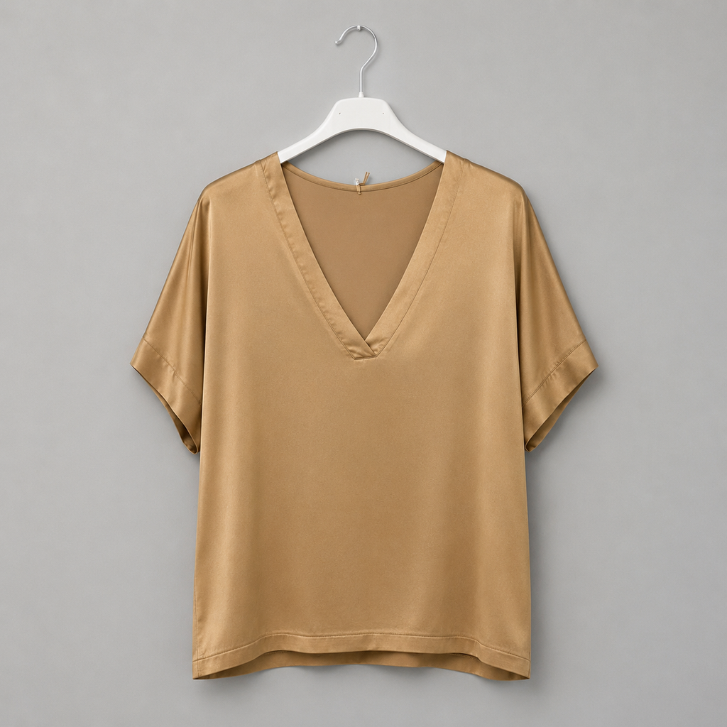 Sandgoldfarbenes Satin-Shirt mit V-Ausschnitt Gr. 38-44