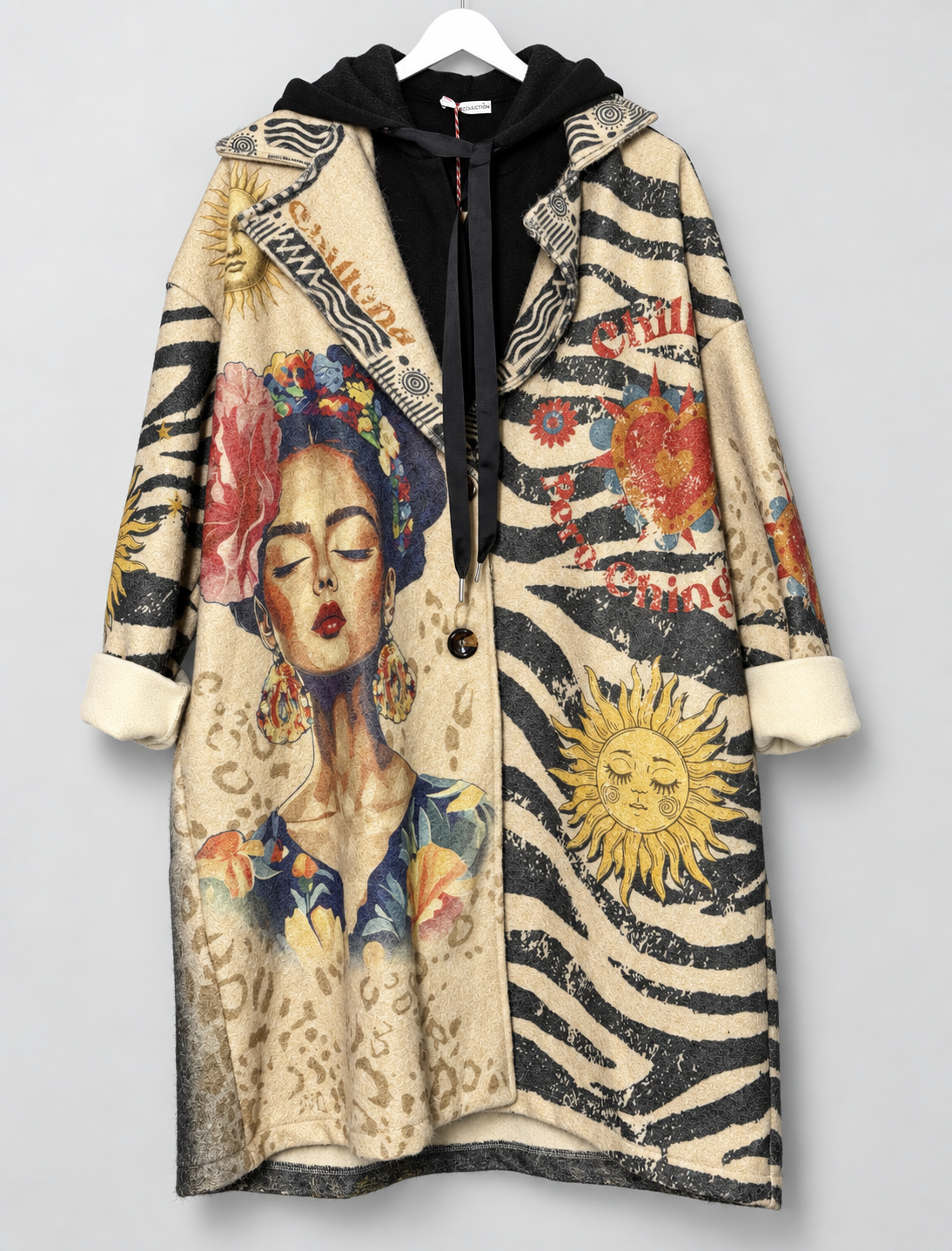 Damen-Statement-Mantel im Wollmix mit Kunst-Print | Gr. 42–48