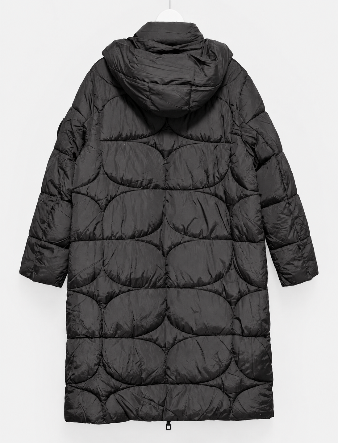 Langer Steppmantel mit Kapuze in Schwarz