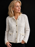 Elegante Strickjacke / Blazer in Cremeweiß it Boucle´-Optik in Chanel-Stil & Schmuckknöpfen Leopardenmuster Gr. XL