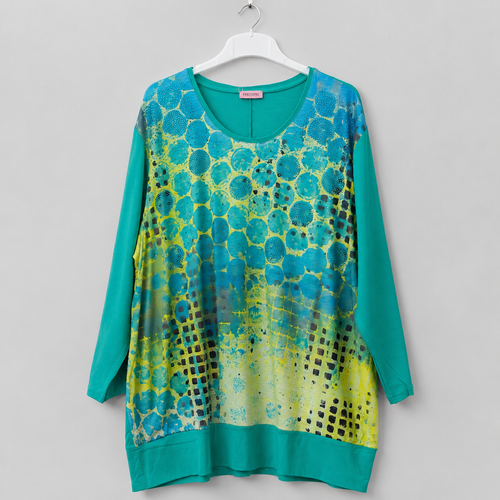 Damen-Shirt in Lagunengrün mit modernem Print und Glitzerdetails