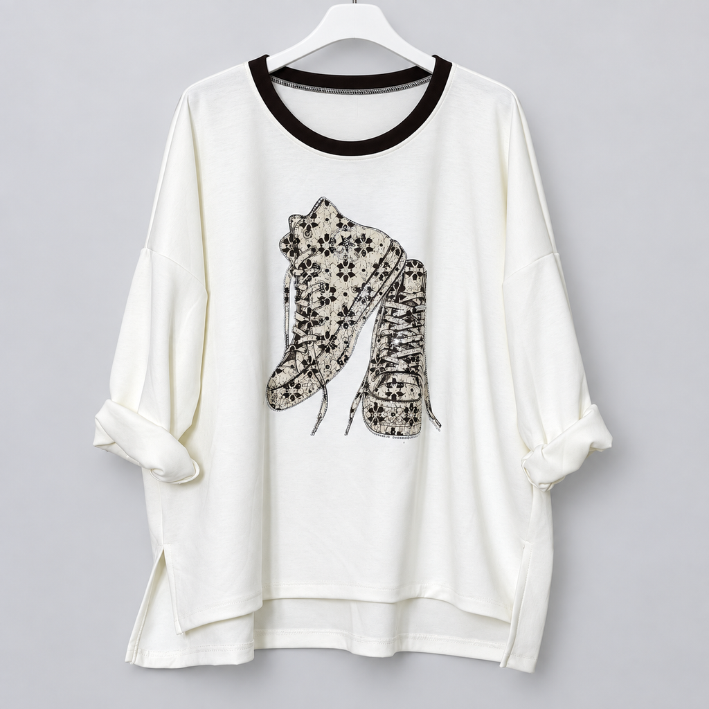 Oversize-Shirt mit Sneaker-Motiv und Strass | Gr. 40-46 | verschiedene Farben