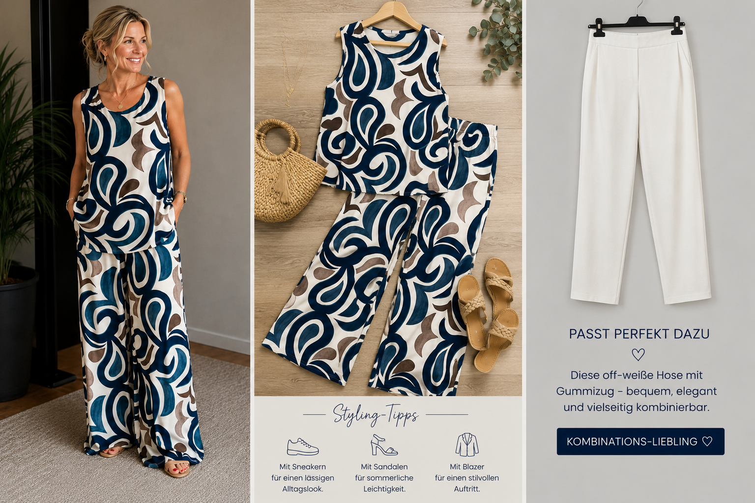 Sommerliches 2-teiliges Set in Blau, Creme & Taube | Gr. 38-44