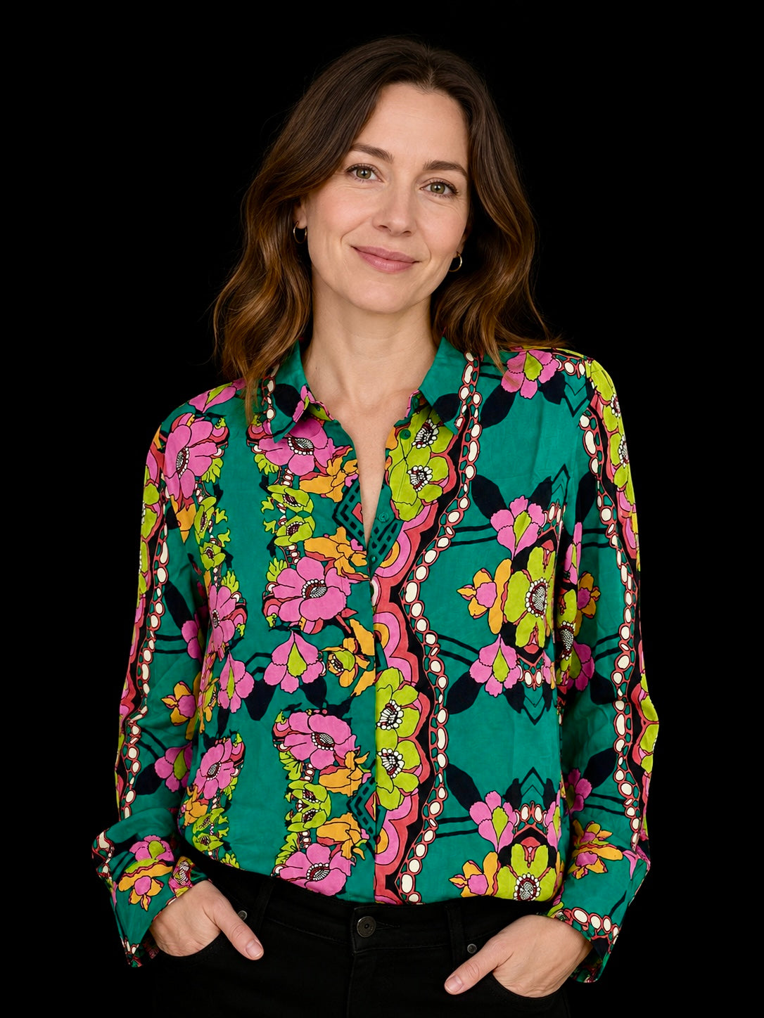 Aniston Casual Damenbluse - Retro Blumen Boho Style / 100 % Viskose Gr. 42