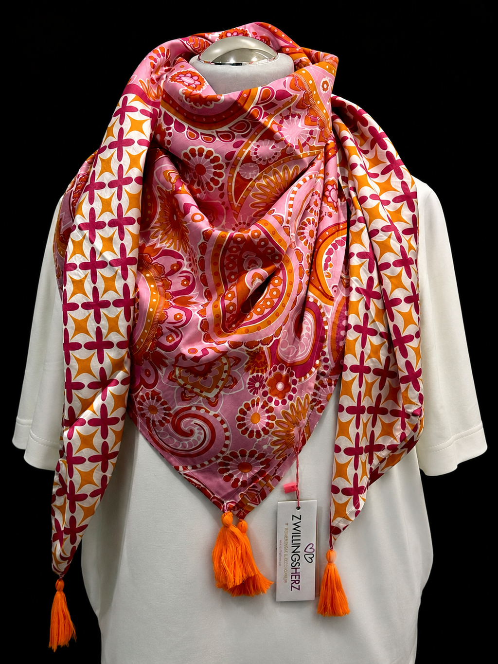 Zwillingsherz XXL - Tuch - 4 eckig - Farbenfrohes Boho- Tuch mit Quasten " Happy Paisley "