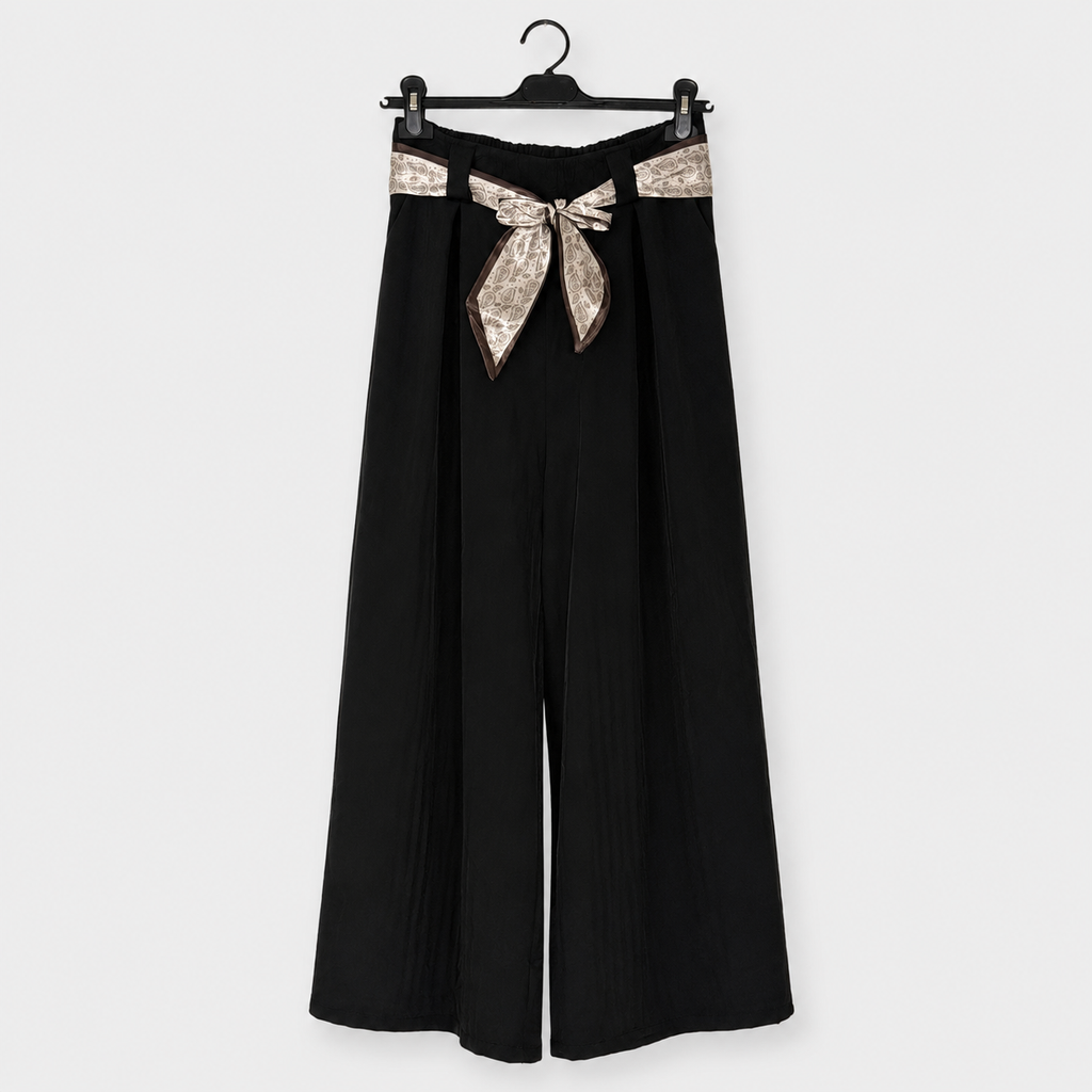 Marlenehose mit gemustertem Bindegürtel -Schwarz-Gr. 40-46