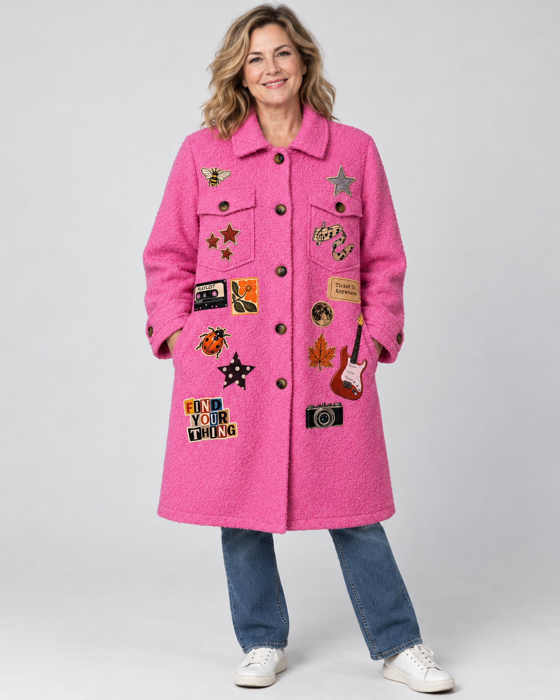 Statement-Mantel in Pink mit bunten Patches-Boucle`-Optik | Gr. 40-44