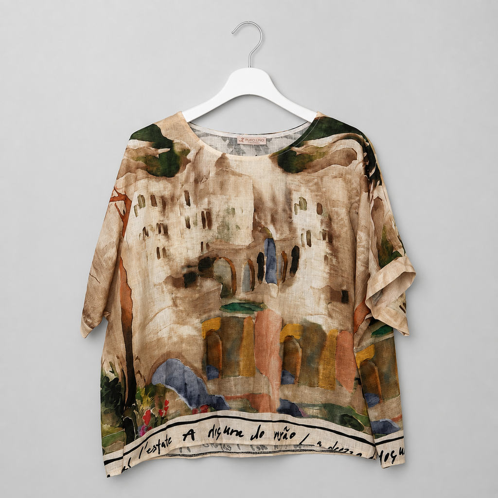 Italienische Leinenbluse mit mediterranem Kunstdruck  | Gr. 40-46