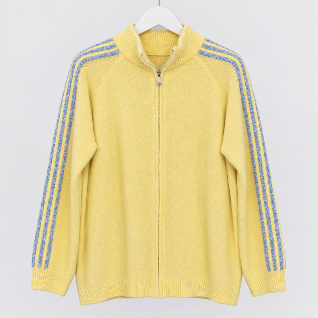 Sportliche Strickjacke mit Reißverschluss und Kontraststreifen | Gr. 40-42 | gelb u. blau