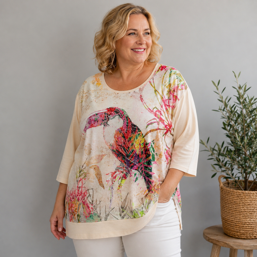 Longshirt mit Tukan.Print- Damen-Shirt Oversize Creme
