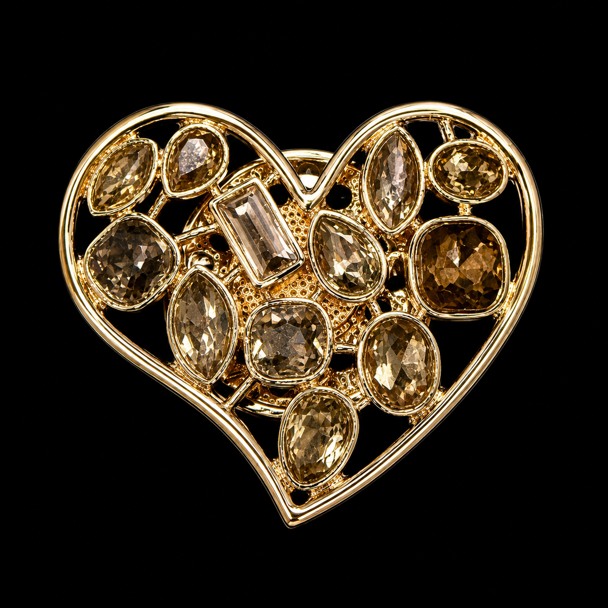 Herzbrosche/Schalclip in Gold mit gelben Schmucksteinen