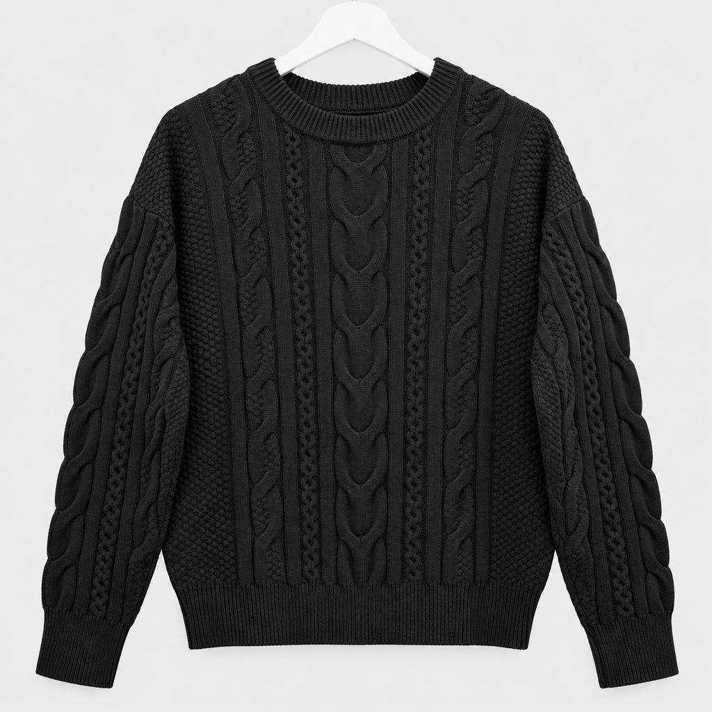Schwarzer Pullover mit Rundhalsausschnitt und Zopfmuster Gr. 40-42