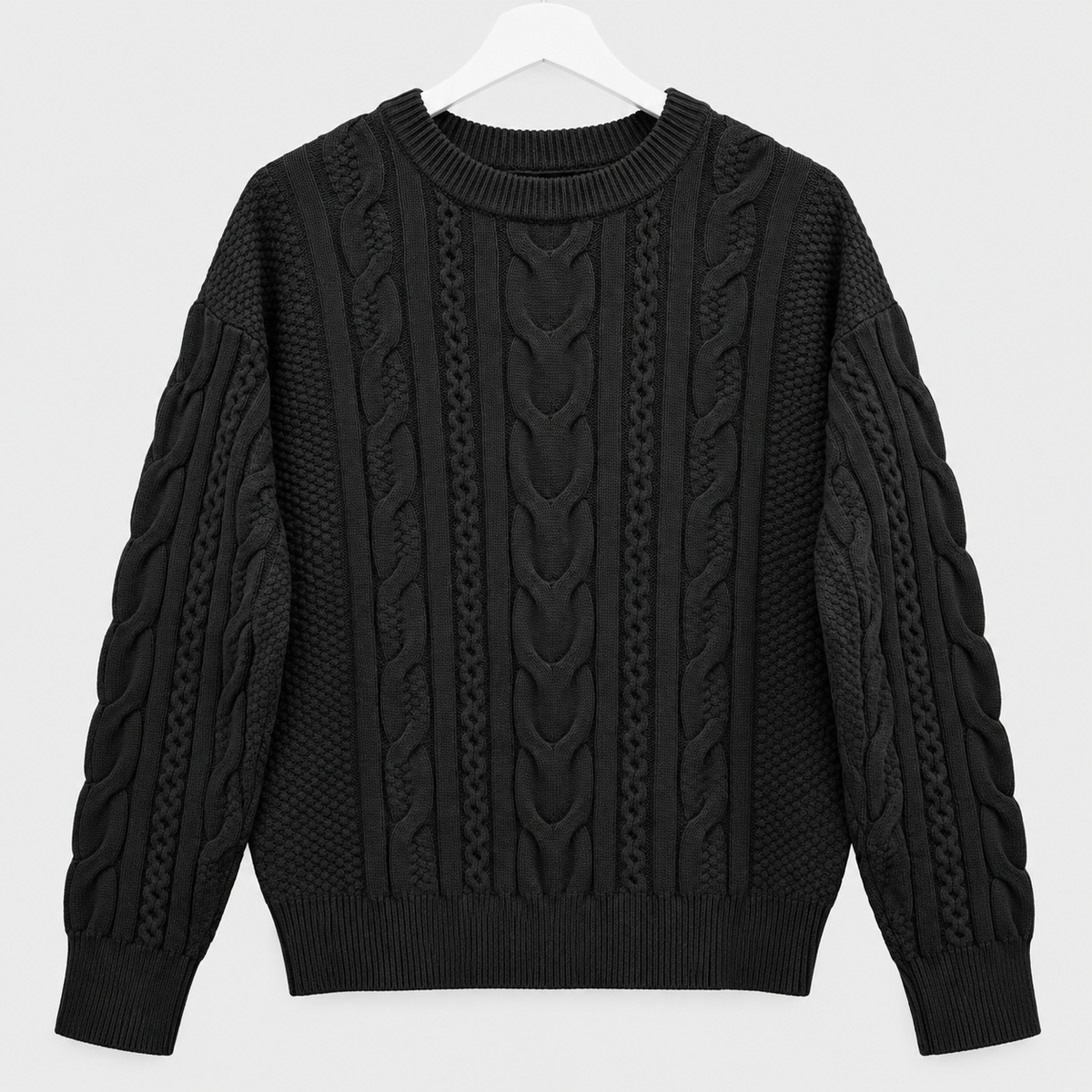 Schwarzer Pullover mit Rundhalsausschnitt und Zopfmuster Gr. 40-42
