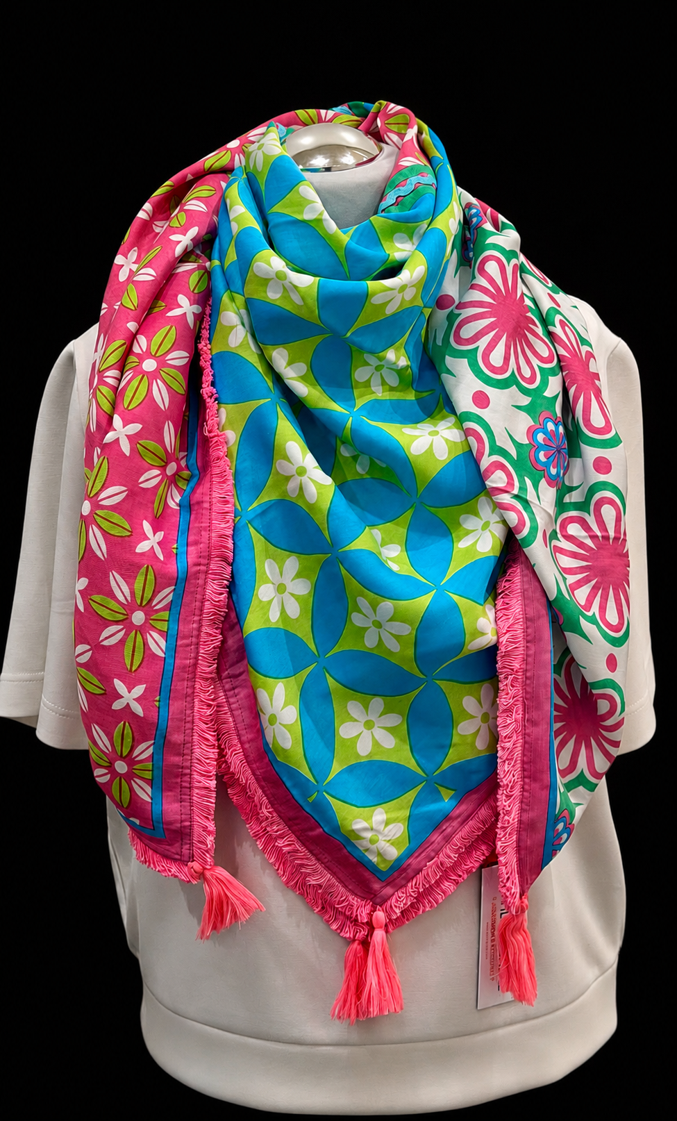 Zwillingsherz XXL-Tuch 4 eckig Flower Pop Pink-Türkis mit Fransen " Summer Vibes "