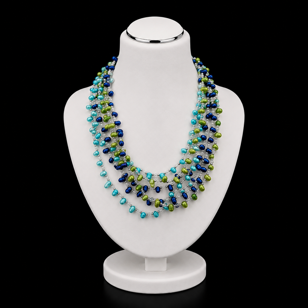 Mehrreihige Perlenkette in Blau, Türkis & Oliv - Elegante Statement-Halskette